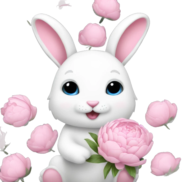 cute white bunny holding light pink peonies emoji