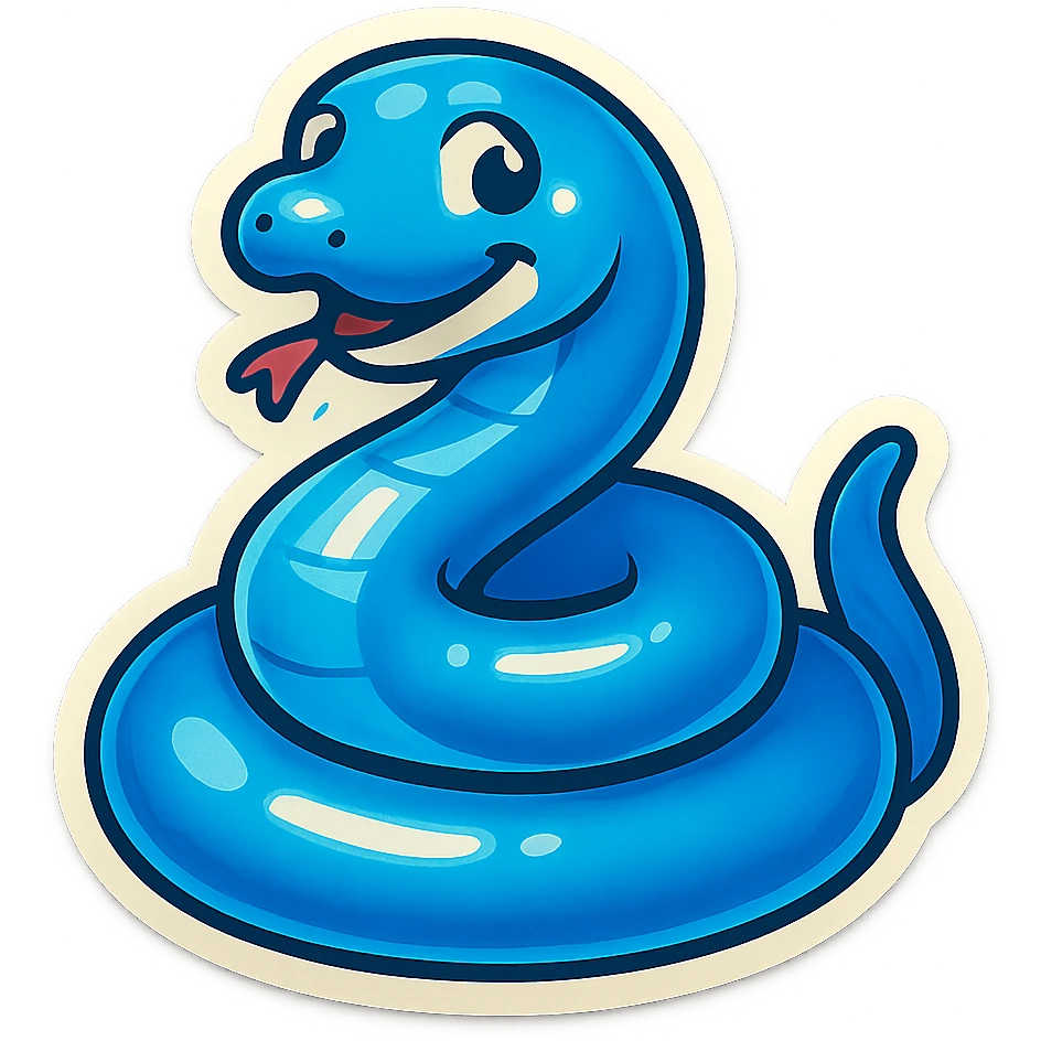 coiled blue snake with a playful expression, retro sticker style emoji
