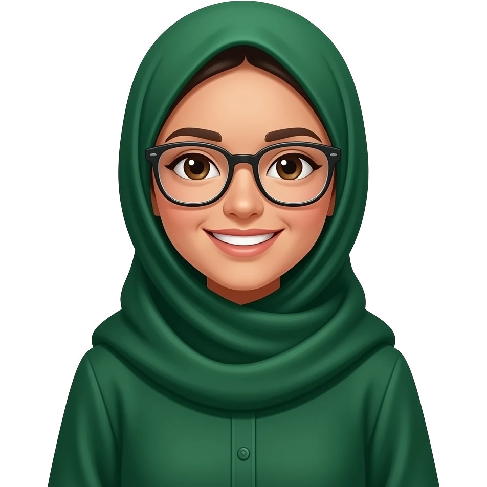 Jeune femme portant un jilbab, qui est envoyé allant de la tête aux pieds couleur émeraude, elle est souriante, elle porte des lunettes. emoji