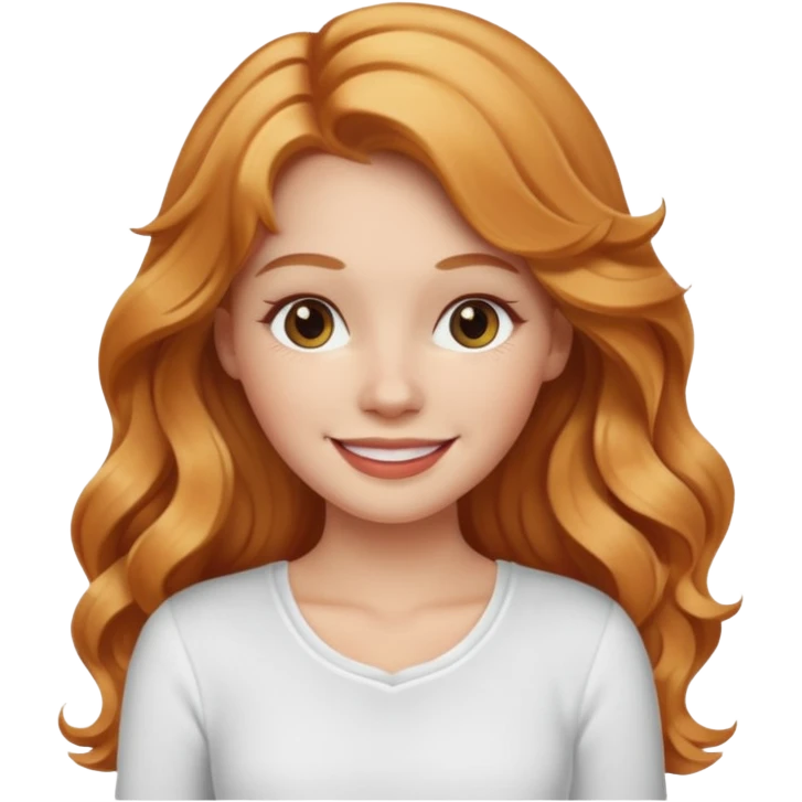 white girl with strawberry blonde long wavy hair, white top  emoji