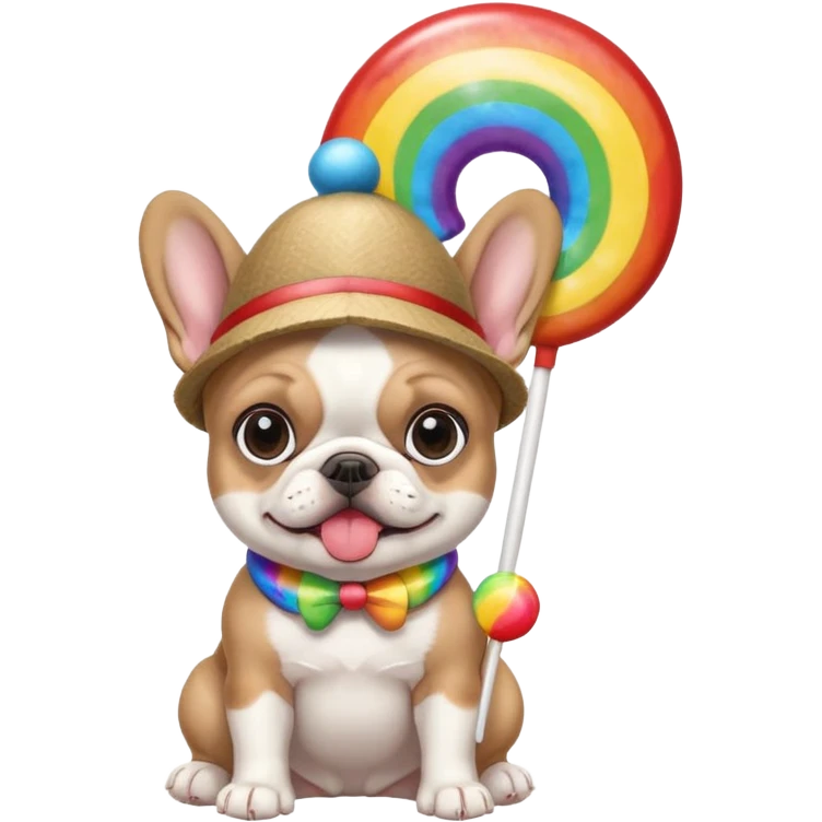 baby french bulldog wearing a propeller hat and holding a comically large rainbow lollipop  emoji