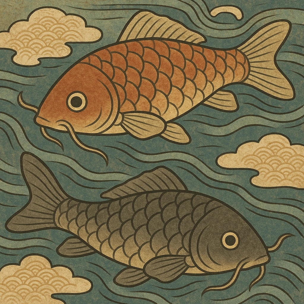 koi fish swimming in water, ukiyo-e style illustration emoji