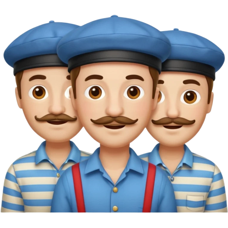 three French adults together, classic emoji style, simple facial features, berets, striped shirts, mustaches, cheerful expressions emoji