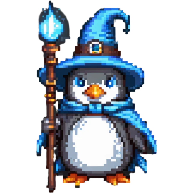 penguin wizard with a pointy hat and magic staff emoji
