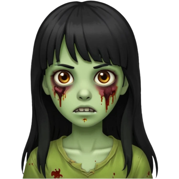 Zombie emoji girl, skin green, black long hair with bangs black, brown eyes  emoji