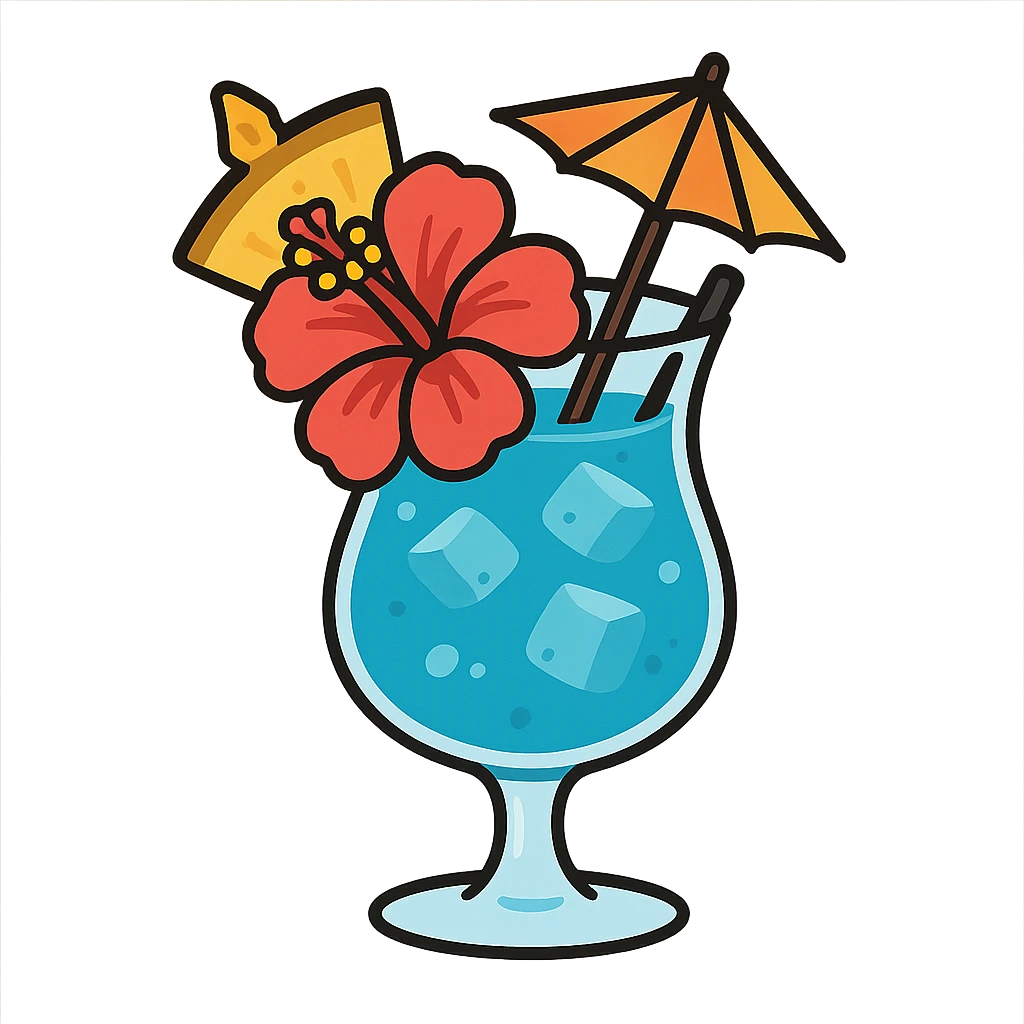 blue tropical cocktail with hibiscus, pineapple, and paper umbrella garnishes, flat toon style emoji