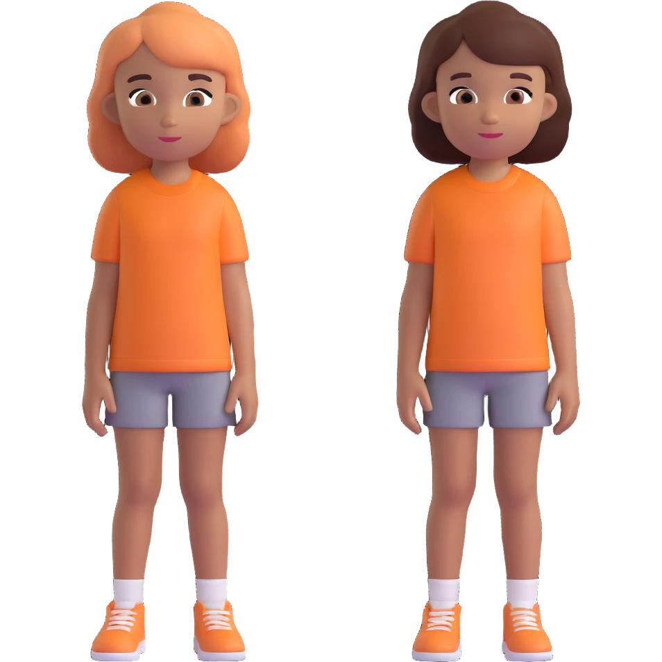 Slightly increase the volume of the upper body of the girl, separate the girl and the boy from each other, and make the skin color the same for both characters. Keep the cartoonish 3D style. emoji