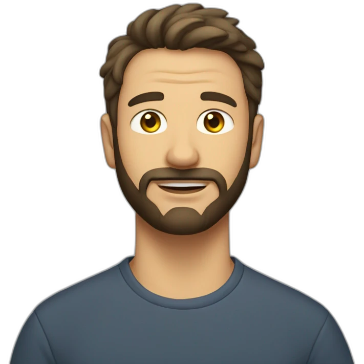man with short hair and short beard wearing a t-shirt that says escutai emoji