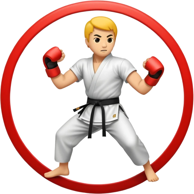 An emblem-style emoji symbolizing striking martial arts. The design features a stylized fighter in a dynamic stance, delivering a powerful punch, surrounded by a circular border with traditional elements like fists and combat symbols. Bold, clean lines with contrasting colors. emoji