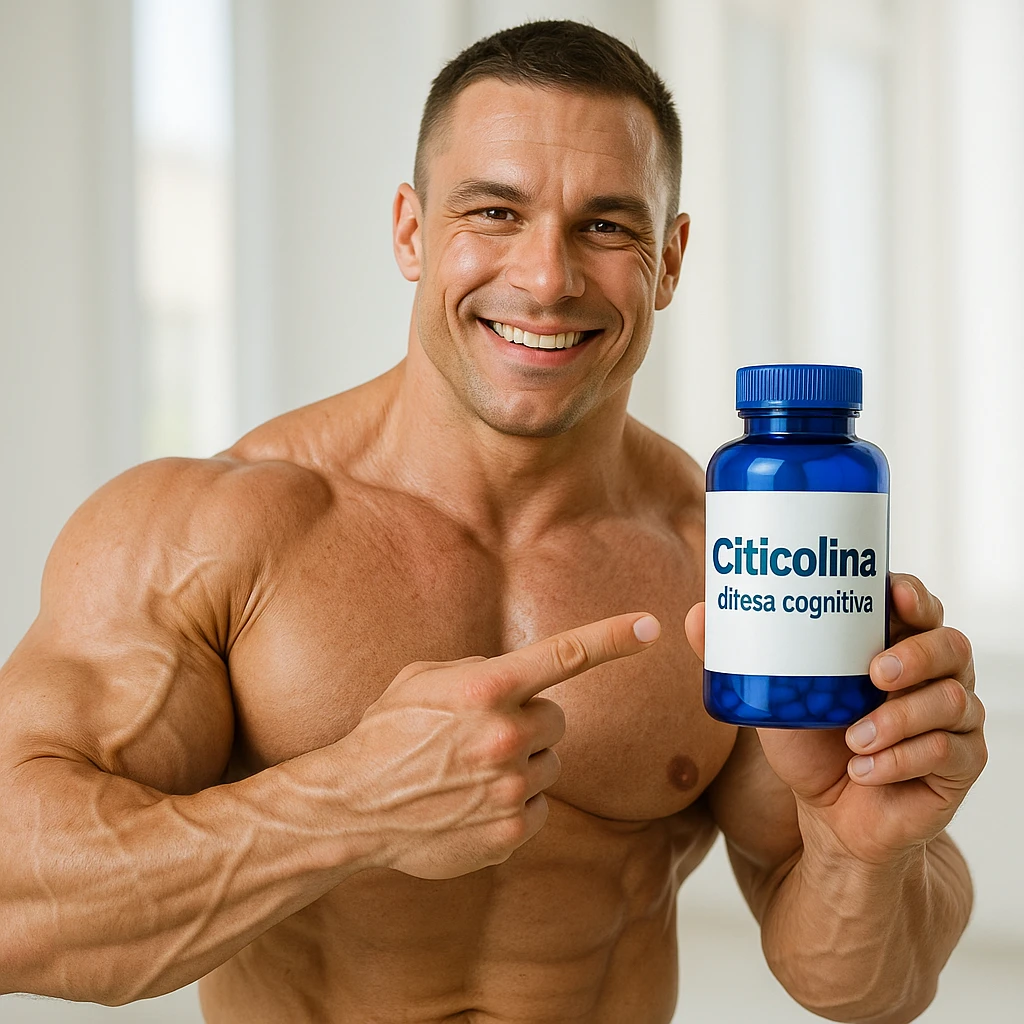 hyper realistic bodybuilder pointing at blue bottle of Citicolina, sculpted muscles, visible label, text 'Citicolina: difesa cognitiva', bright environment emoji