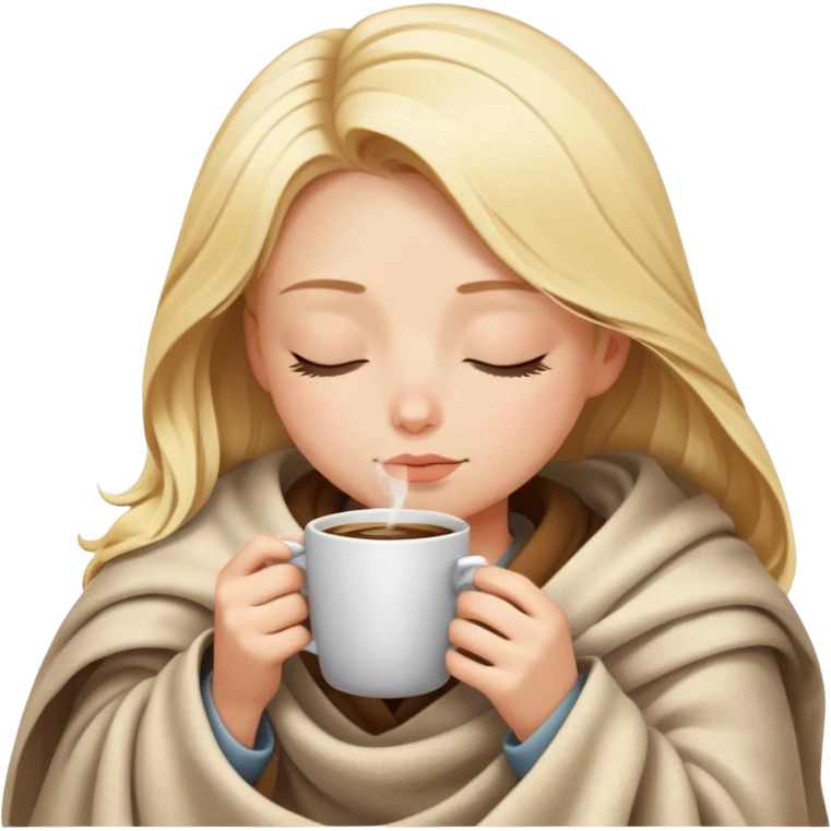 Blonde girl inside a blanket sipping coffee eyes closed emoji