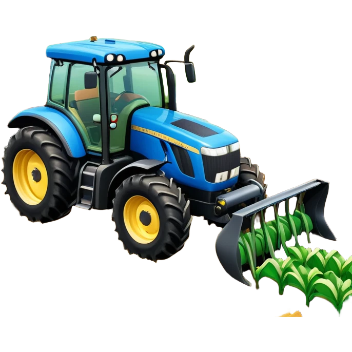 An icon representing a farming simulator, with a detailed tractor plowing fields under a bright sky with rural landscape. The design includes farming tools, crops and barns, symbolizing the immersive experience of managing a farm. Transparent background. emoji