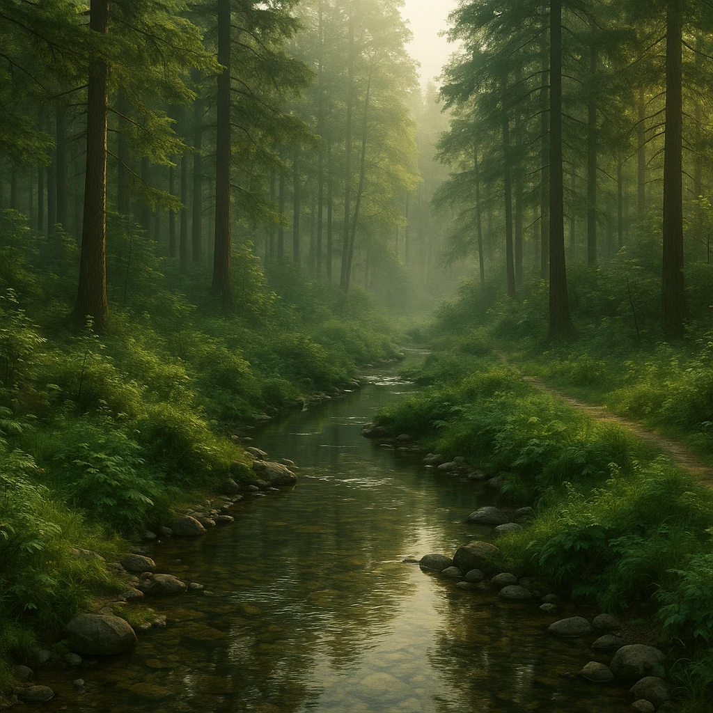 realistic forest landscape, 1920x1080 aspect ratio, early morning, dense trees, clear stream winding through foreground, soft golden morning light, lush greenery, detailed water reflections, gentle mist, no wildlife emoji