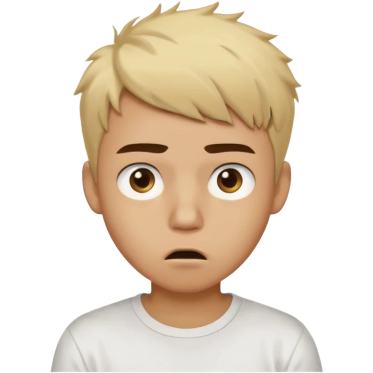 Short buzz, messy blonde hair. Dark brown bushy eyebrows large expressive golden-brown eyes, wearing a plain white t-shirt. Male Teenager. light Dark Brown skin color. Confused mouth gape emoji