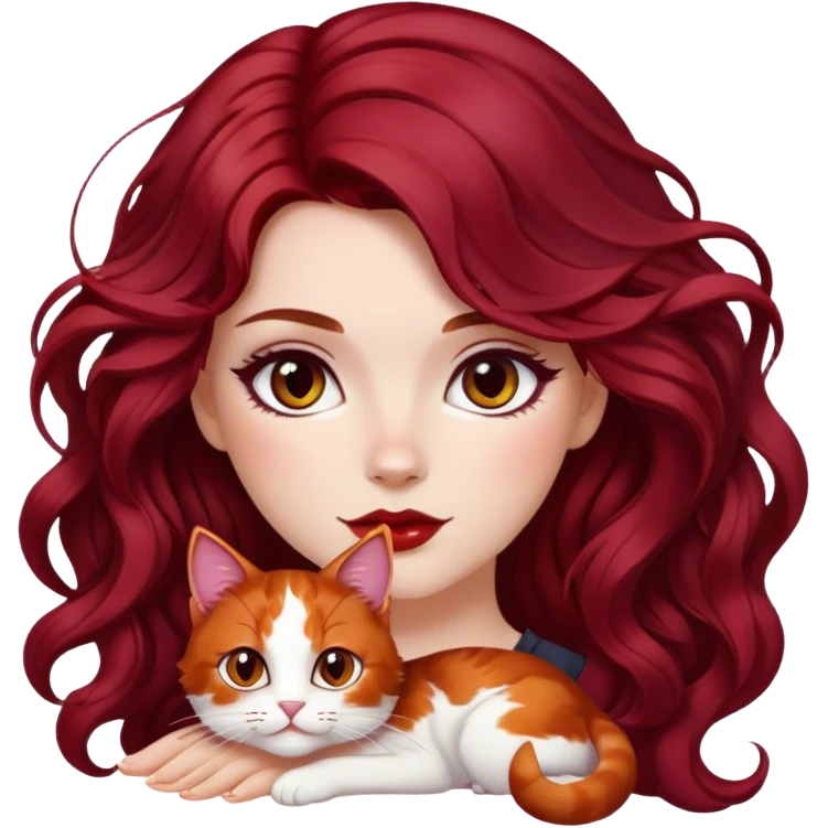 a white girl soft makeup with dark red cherry long bit wavy hair and calico cat  emoji