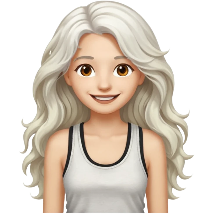 woman with wavy long white hair and brown eyes. smiling in a grunge tanktop. pale skin. emoji