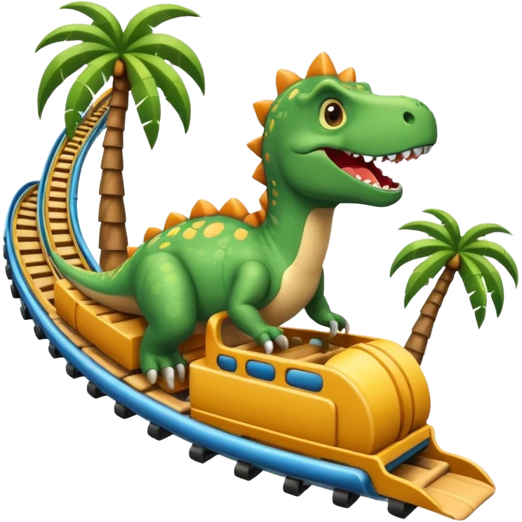 dinosaur riding a roller coaster with palm trees in the background, emoji style emoji