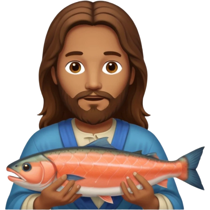 Jesus with long brown hair and a long beard holding a salmon emoji