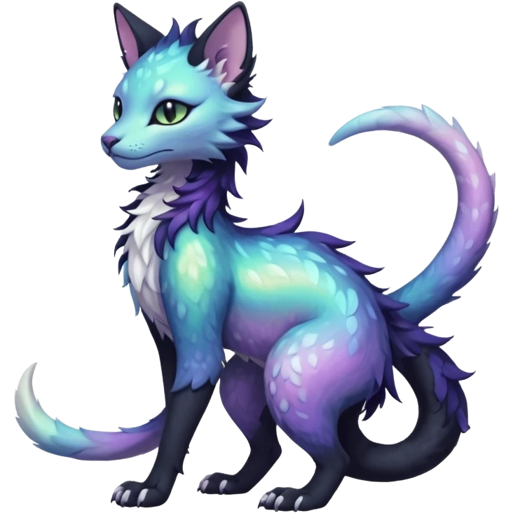 Kawaii black pastel iridescent beautiful pretty elegant divine edgy fantasy feline-vernid-sergal-fursona animal creature with a tufted tail full body with intricate markings  emoji