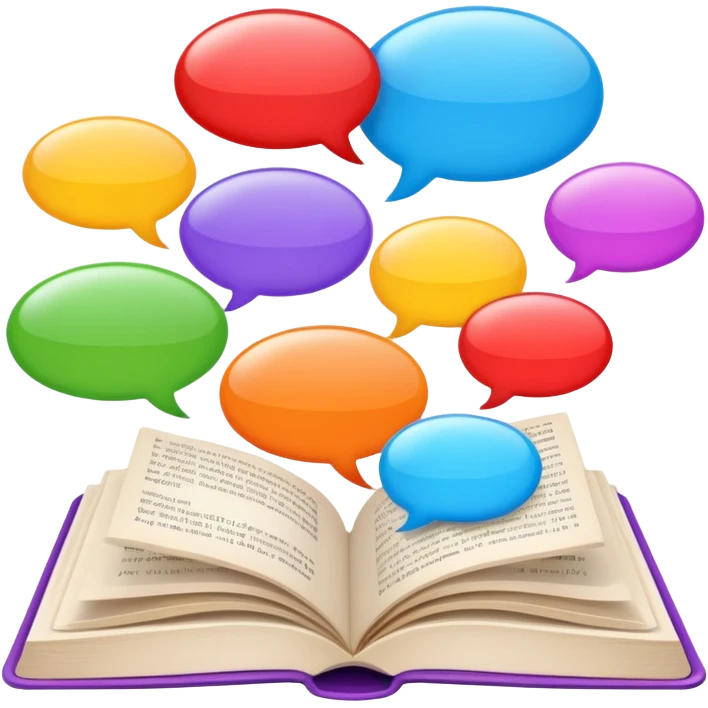open book with several speech bubbles in different languages emoji
