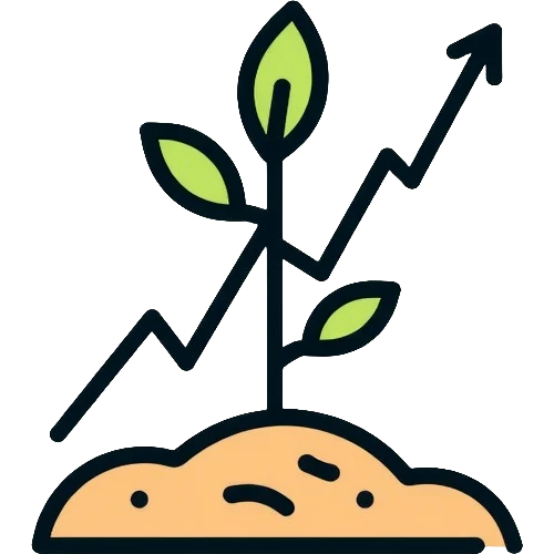 A simple outlined seedling sprouting from soil with small green leaves and a tiny upward graph line, representing the 1% improvement principle emoji