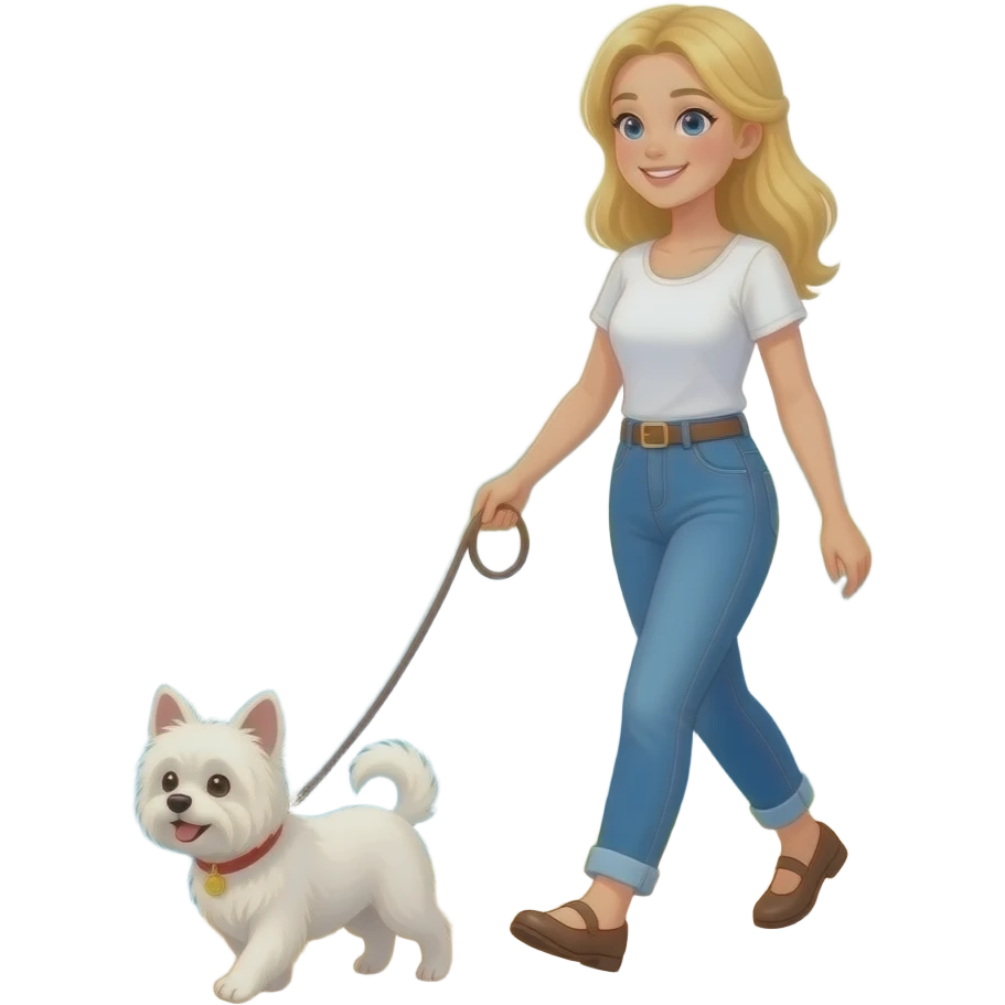 Emoji Vrouw blond haar wandeld met kleine malthes langs rivier. 1 hond emoji