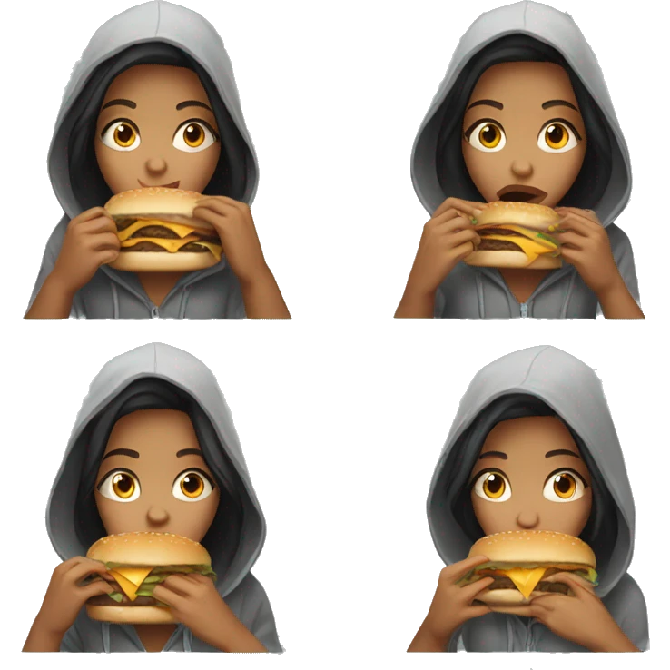 Amy in hoodie eating burger emoji