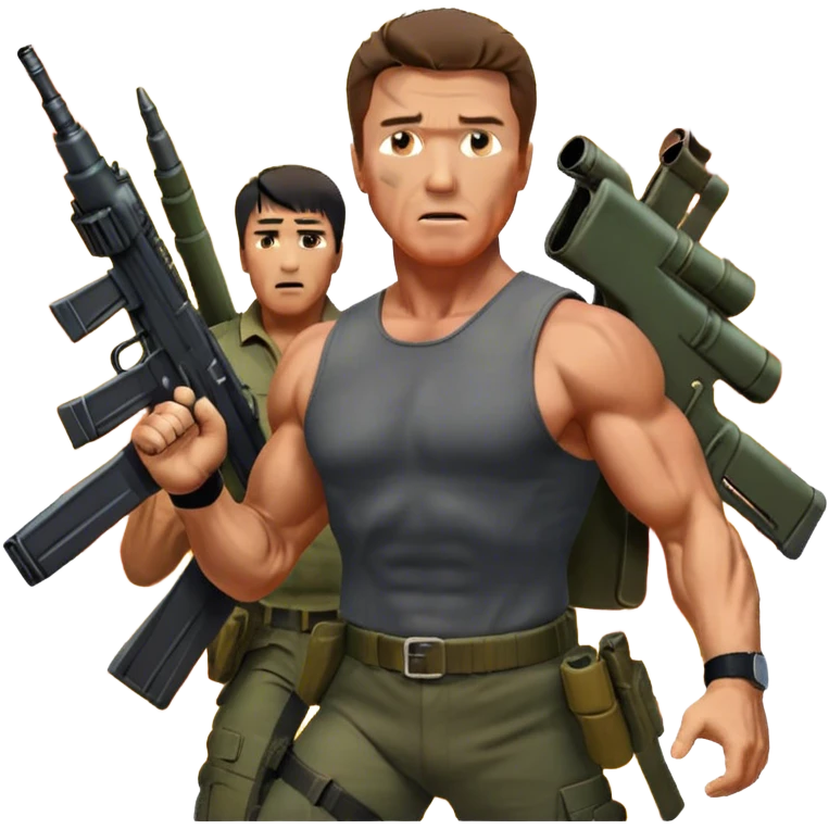 Icon for Action Movies: Close-up collage featuring Schwarzenegger in 'Commando' and  Stallone in 'Rambo', in bold poses. Background includes explosions, rockets flying, and machine guns. The style is reminiscent of a cinematic movie poster with intense, dramatic colors. Transparent background. emoji