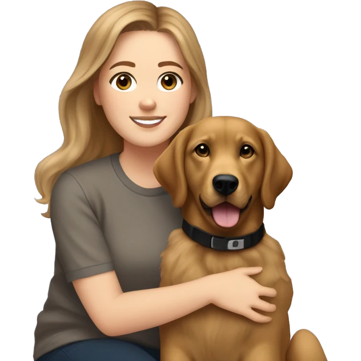 32 year old white woman with brown hair and balayage, wearing a light brown crew neck and matching sweatpants, who loves hockey and is sitting next to her golden retriever black lab mix emoji