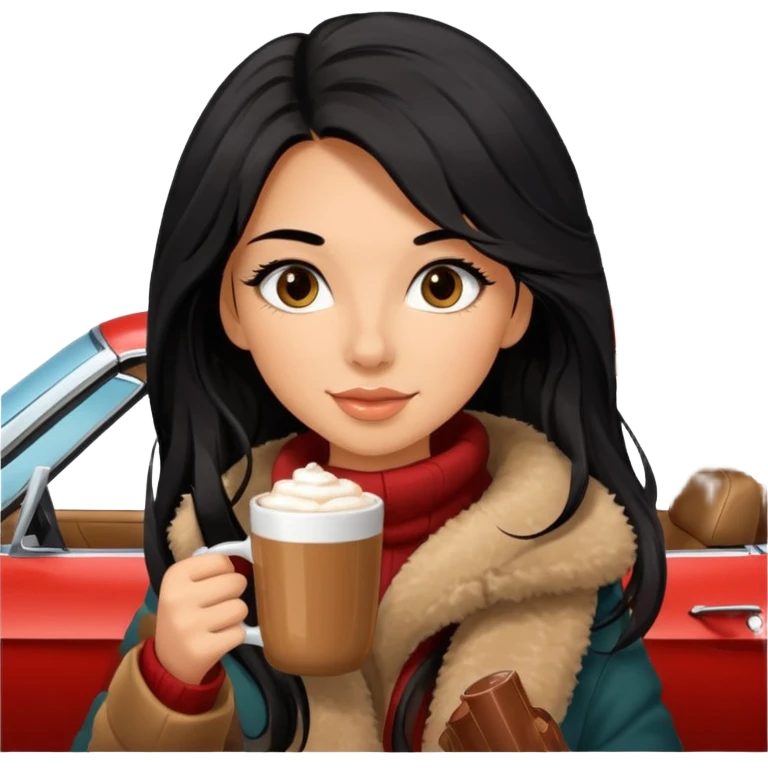 Tanned Girl with lashes , bright black long hair, in an extremely big fluffy brown mustang, and drinking hot chocolate drink emoji