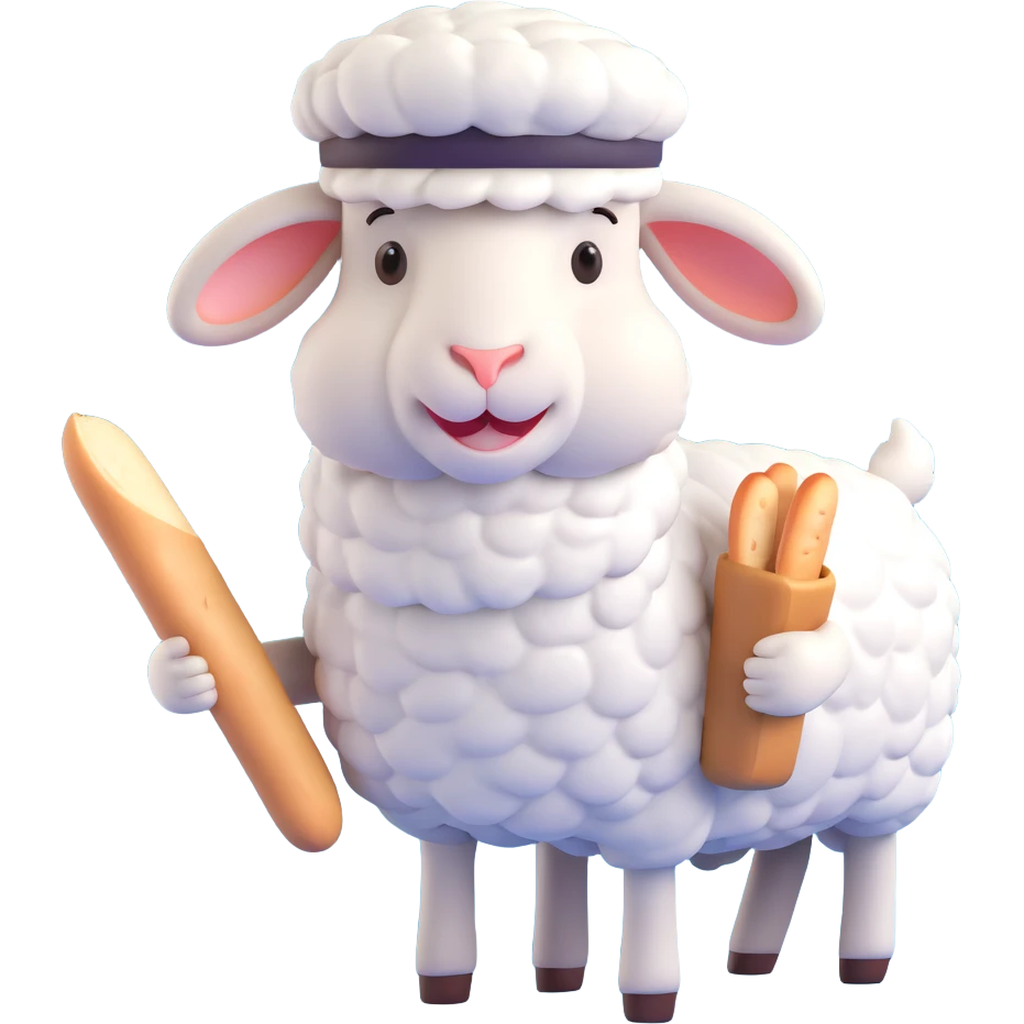 a sheep from France wearing a beret and holding a baguette, 3D emoji style emoji