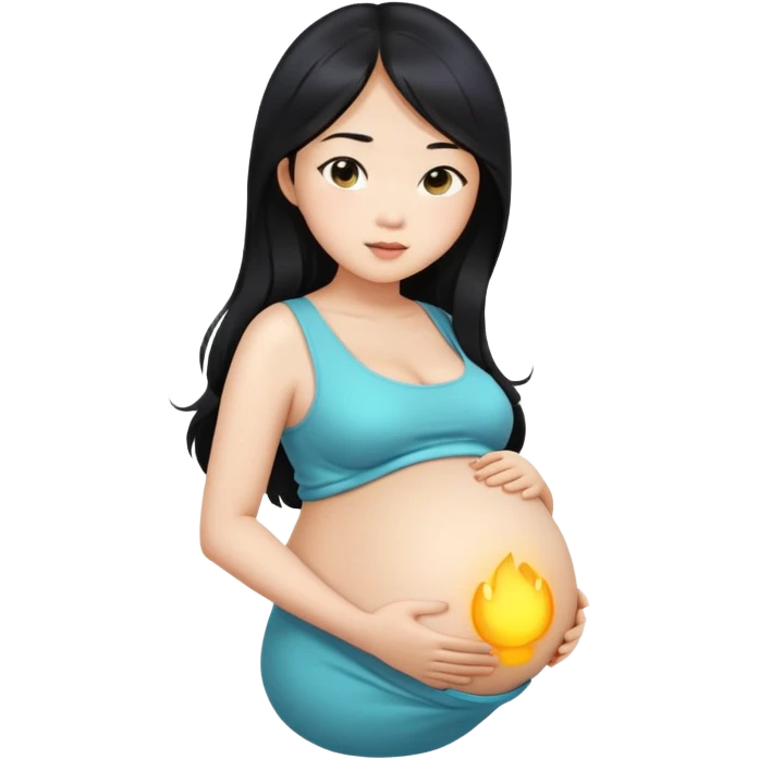 Beautiful Asian girl with long black hair, pregnant belly emoji