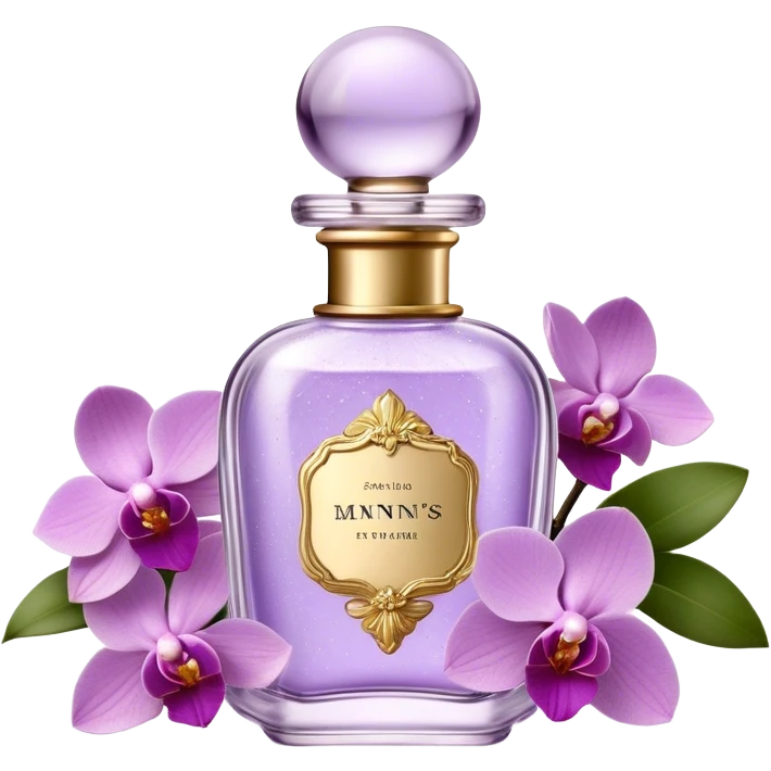 Create a delicate vintage French-style perfume bottle in an orchid hue, adorned with intricate gold detailing and an elegant glass stopper. Surround it with lush lilac flowers, along with soft lavender sprigs and petals scattered around for a dreamy, romantic atmosphere. The background should have a subtle antique texture, evoking the charm of a Parisian boudoir. The lighting should be soft and diffused, enhancing the luxurious and nostalgic feel emoji