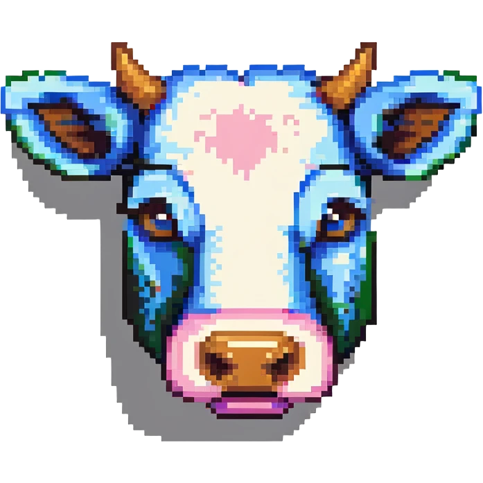 simple blocky Minecraft cow head emoji with 2 or 3 large colorful square pixels, chunky, playful, childlike emoji