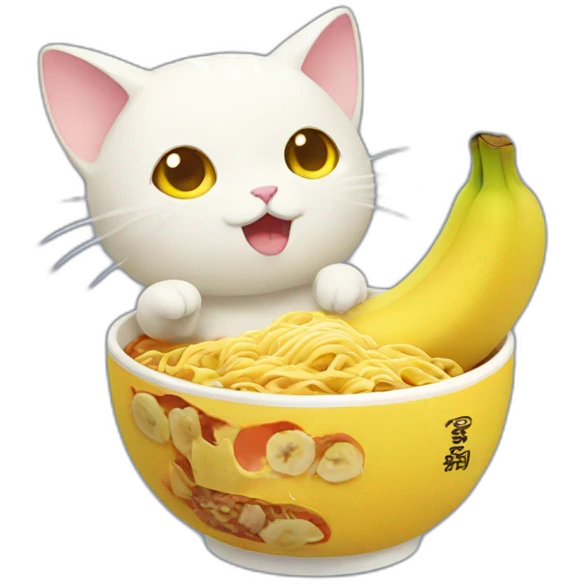 A banana cat, eating Ramen emoji