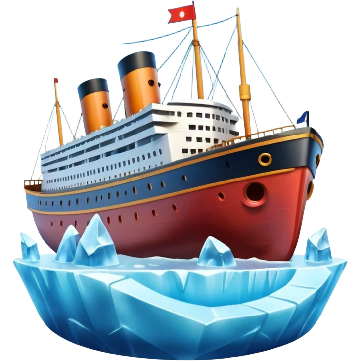 Apple Memoji style: cute cartoon Titanic ship with expressive shocked face, large eyes, open mouth, sailing toward a smiling mischievous iceberg, glossy icy texture, Pixar-level 3D rendering, cartoon realism, floating in a dark blue sea under a moonlit sky, vivid colors, soft shadows. emoji