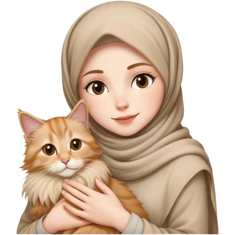White girl wearing hijab holding nude mainecoon cat emoji