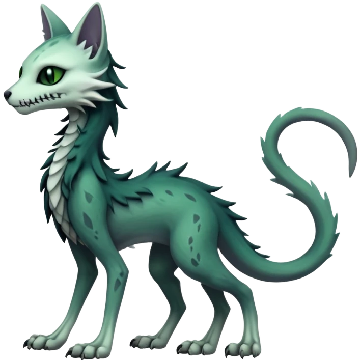 Kawaii spooky dark bleak blackish swampy white-skeletal gloomy ghostly dark greyish dark-deep-greenish foggy eldritch beautiful realistic edgy fantasy ghoul-like stitched feline-vernid-sergal-fursona animal creature with a tufted tail full body with intricate markings  emoji