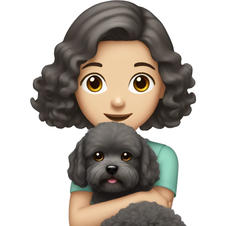 Brunette girl long straight hair, holding a dark gray maltipoo with a white snout emoji