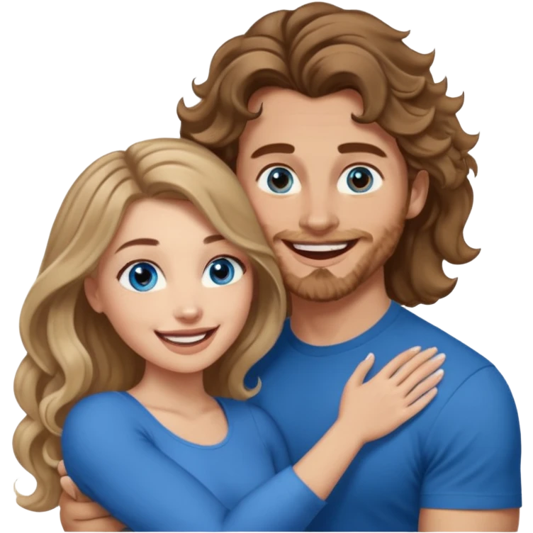 Women with blue eyes and very long, brown blond balayage curled hair in the arms of a man with strong arms a straight face, a very sexy man blue eyes. They are laughing at each other. He has short brown hair and is light skinned  emoji
