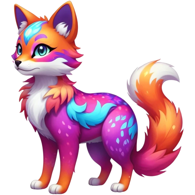 Vibrant multicolored neon-colored Falvie-Fionbri-creature-sparkle-feline-canine-hybrid-fursona, full body, fur pattern-markings emoji