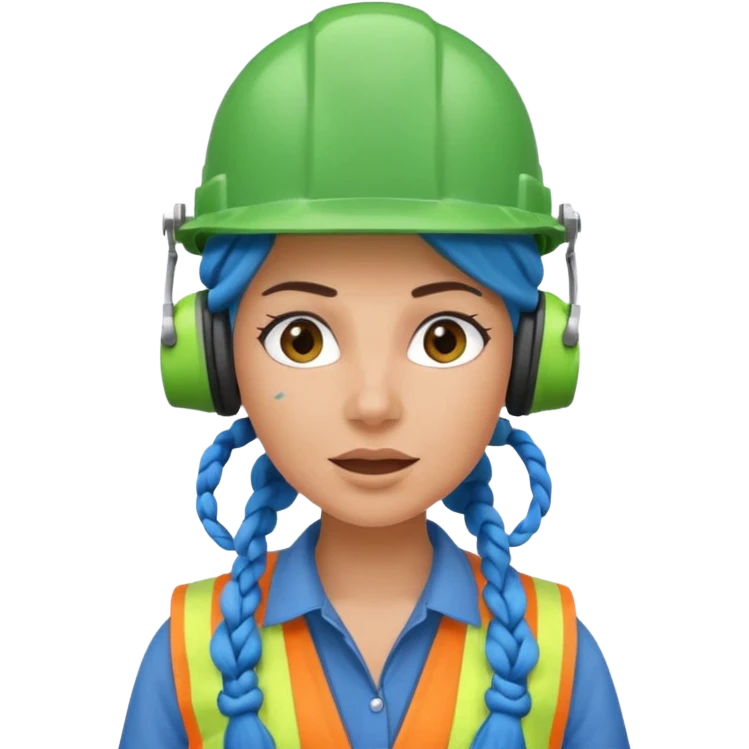 surprised construction worker blue braided haired woman wearing green helmet and headphones emoji
