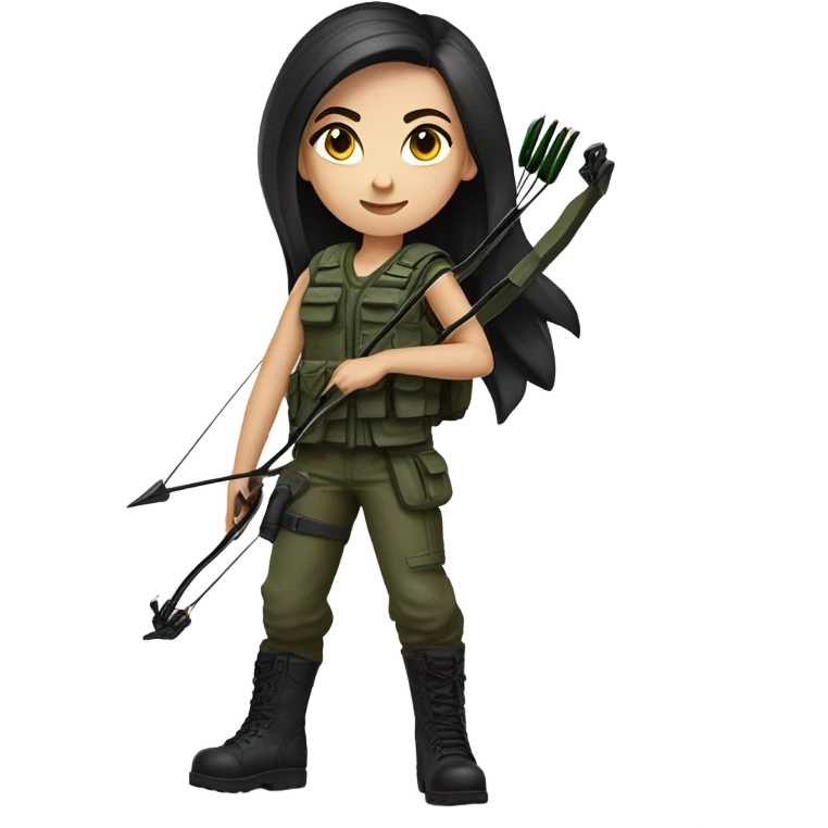 girl with black tactical vest, armed with bow and arrow, long dark hair, bright blue eyes, light skin, army green cargo pants, black tank top, black combat boots, slim emoji