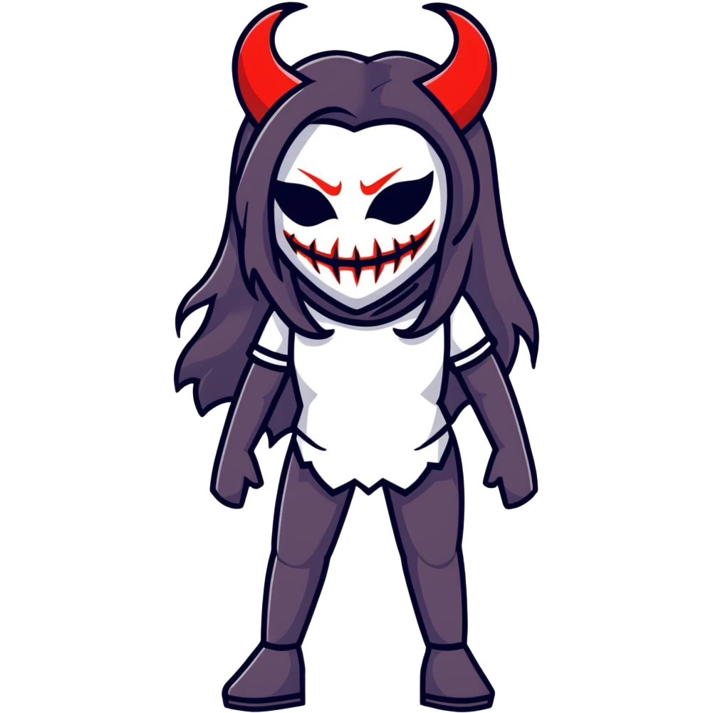 sinister female figure with demon mask and long dark hair emoji