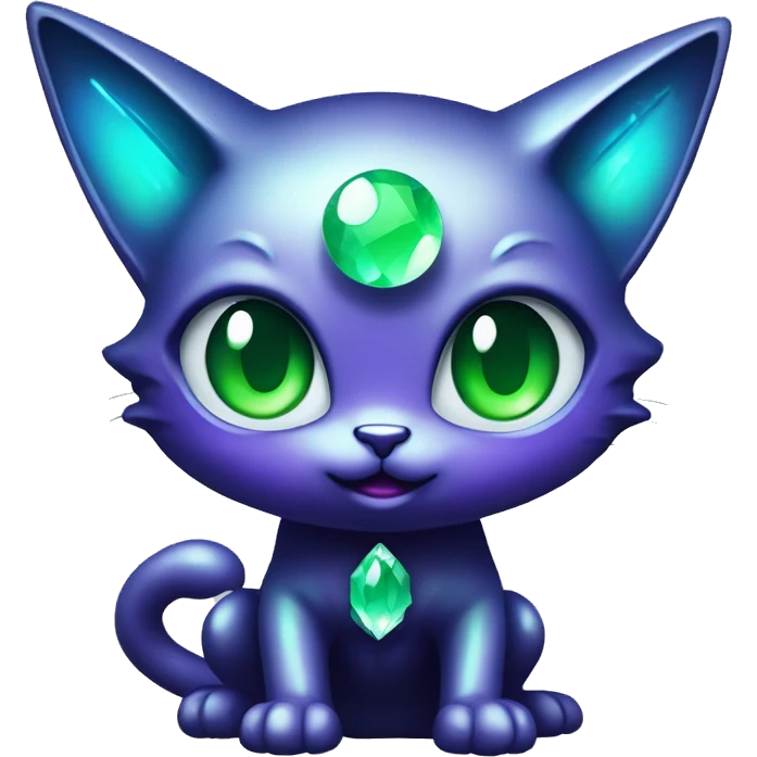 Shiny, Sparkly, Black Dark-type--Psychic-Ice-type-Fakémon-Alien-Cat Blind Purple eyes, green gem, full body emoji
