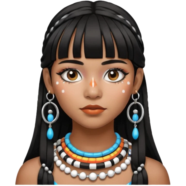 Chica indígena con maquillaje tradicional de indígenas con puntos y rayas, pelo liso y flequillo, con aretes de candongas grandes  emoji