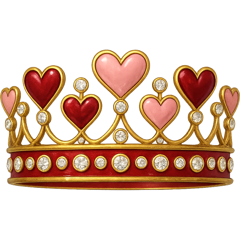 heart crown with a red base, hearts in deep red and rose enamel, sparkling gems emoji