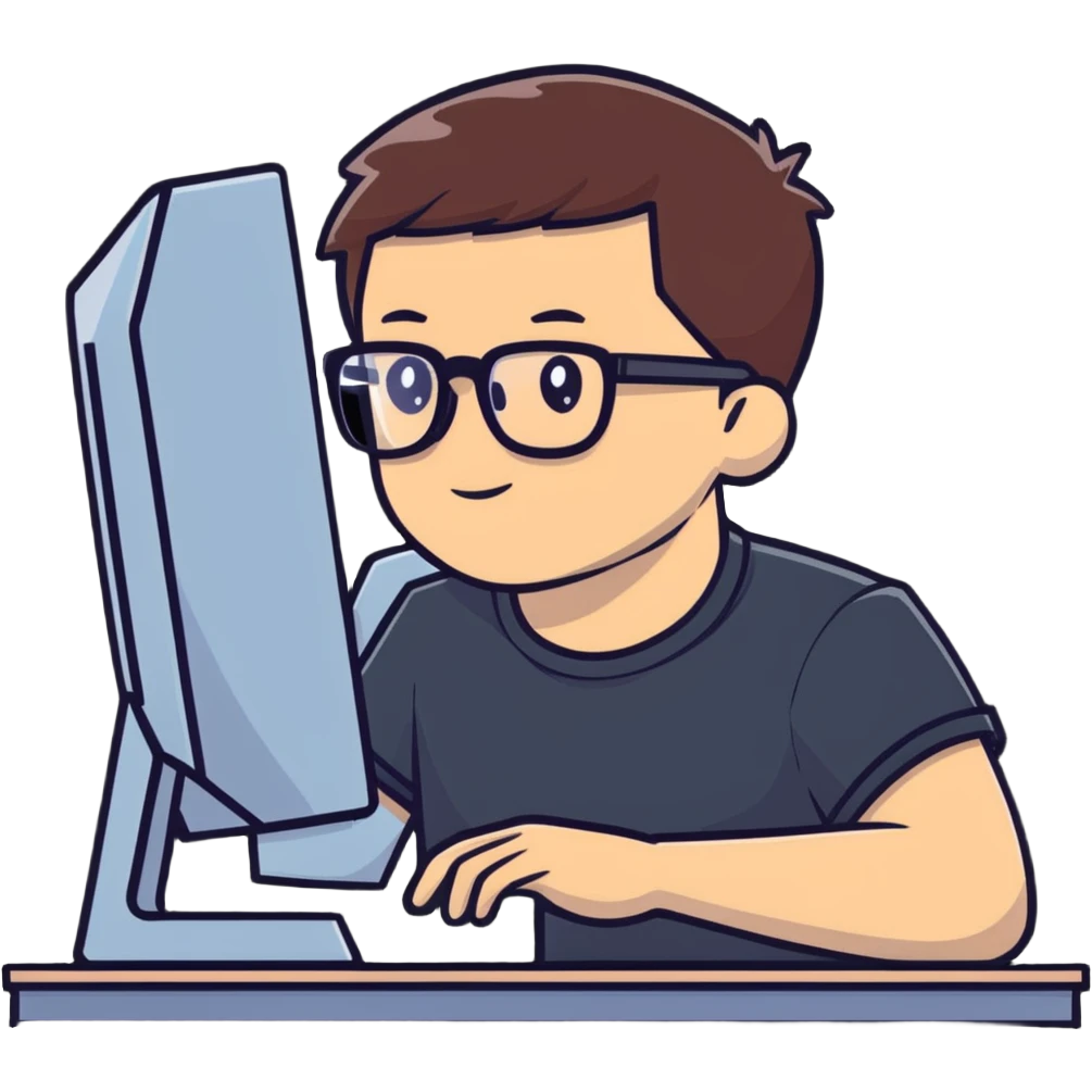 Young man with glasses using an outdated desktop computer with bulky monitor emoji