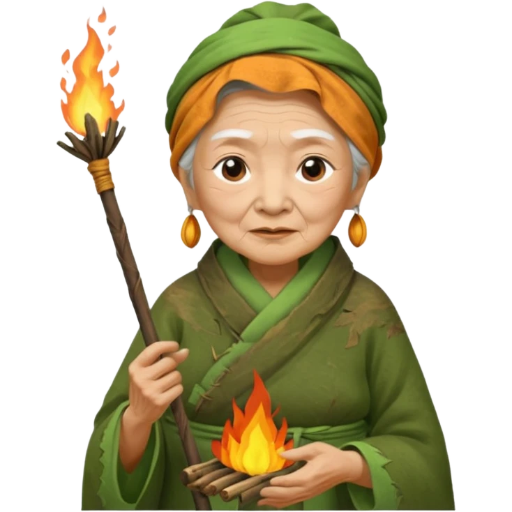 ancient asian old woman, tattered leaf green cloth, hold fire stick emoji
