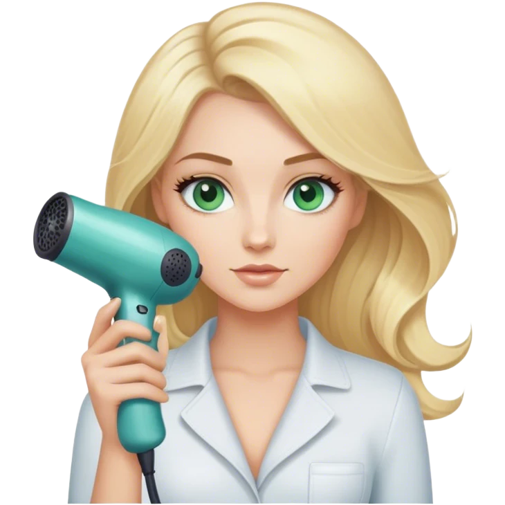 Blonde bob girl hair stylist with blue green eyes holding a hair dryer  emoji